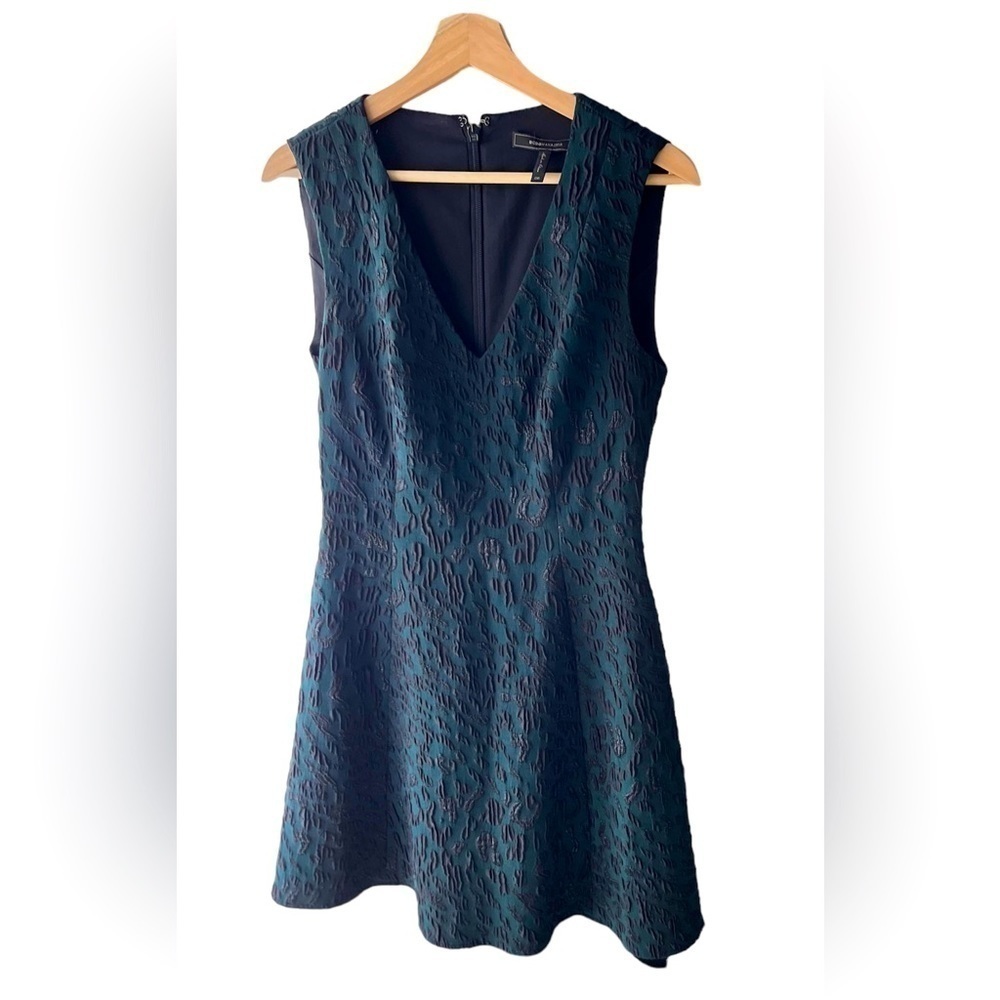 BCBG MaxAzria Hannelli Fit and Flare Dress Forest Green with Black Leopard Print